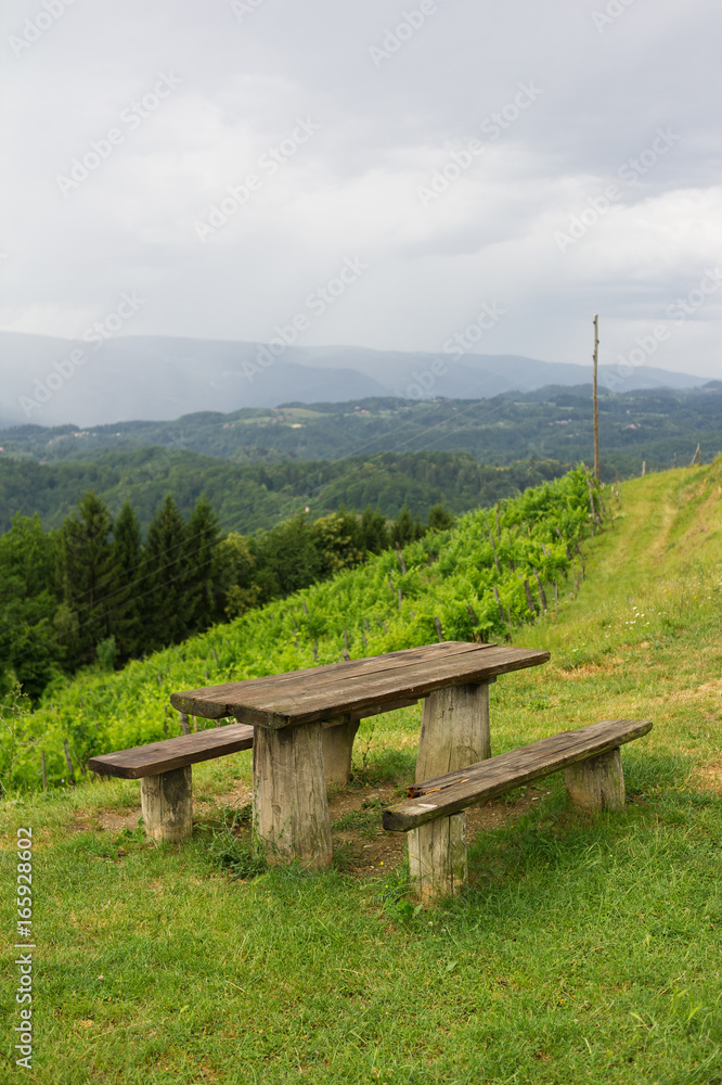 Sveti Urban, vicinity of Maribor, Slovenia - rustic wooden bench, table and beautiful nature of slovenian countryside with vineyard. Overcast weather during spring / summer