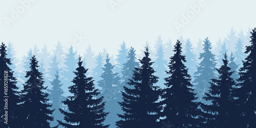 Blue realistic vector illustration of forest in winter under blue sky, layered