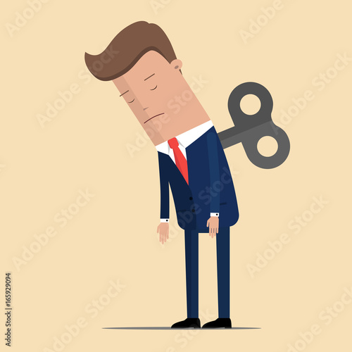 Tired businessman or manager stands. The lack energy to do work. Business concept. Vector illustration