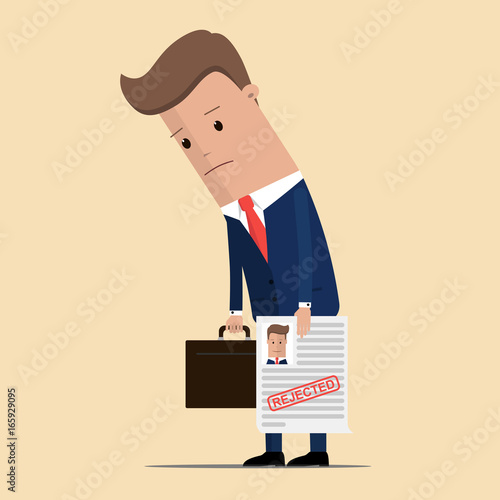Upset businessman hold rejected paper document. Vector illustration