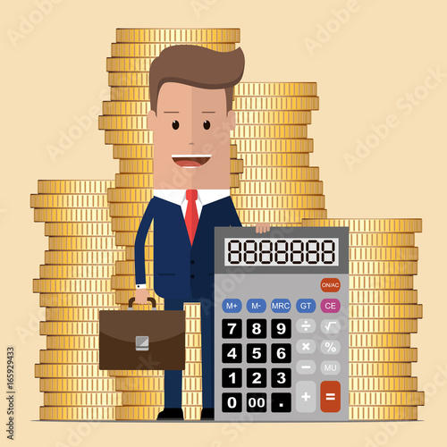A successful businessman or an accountant with a calculator and a pile of money. Vector illustration