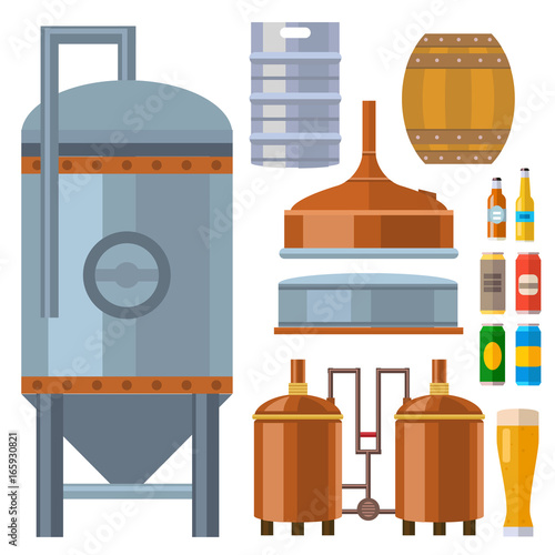 Beer brewing process alcohol factory production equipment mashing boiling cooling fermentation vector illustration.