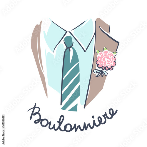 Wedding celebration attribute. Groom suit, shirt, tie and boutonniere close up. Line art on white background. Vector illustration eps 10.