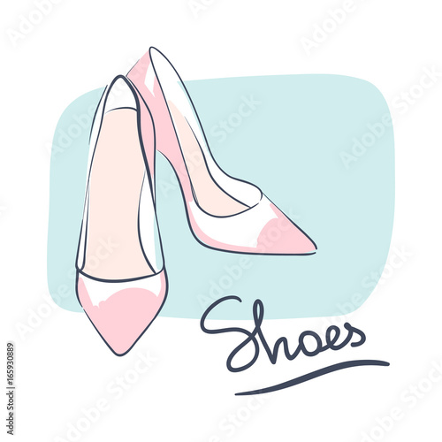 Wedding celebration attribute. Beautiful shoes for a bride. Line art on white background. Vector illustration eps 10.