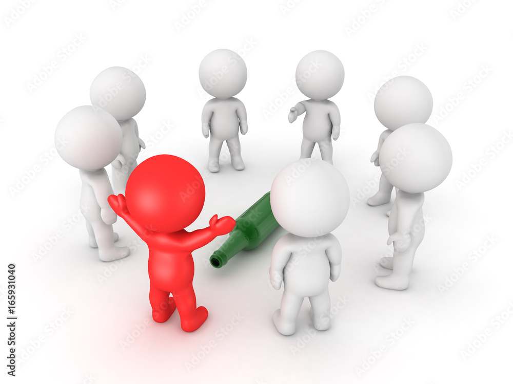 3D Characters playing spin the bottle and one person is selected 3D Characters playing spin the bottle and one person is selected