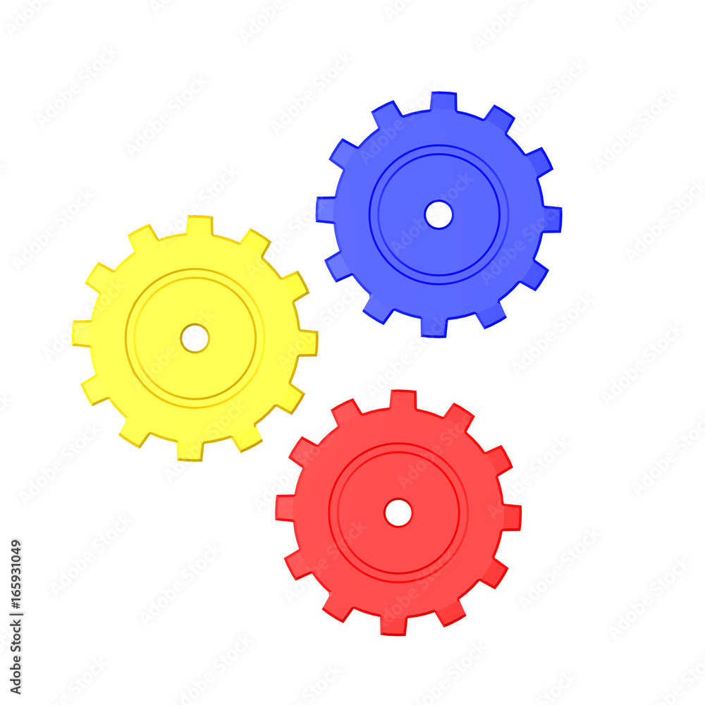 3D illustration of three colored mechanical cogs 3D illustration of three colored mechanical cogs