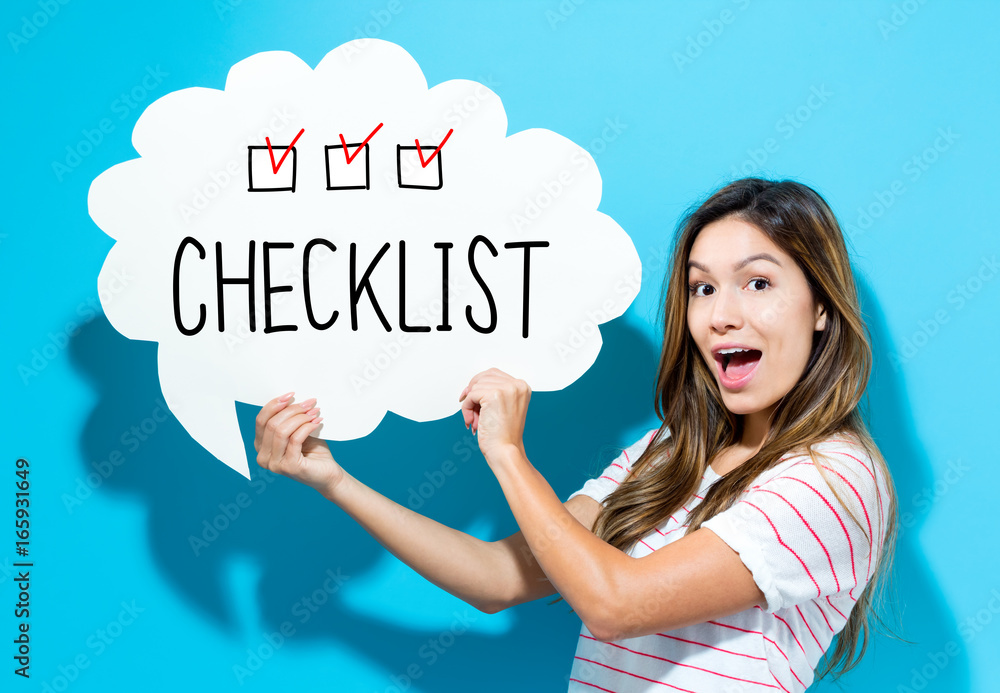 Checklist text with young woman holding a speech bubble on a blue background Checklist text with young woman holding a speech bubble on a blue background