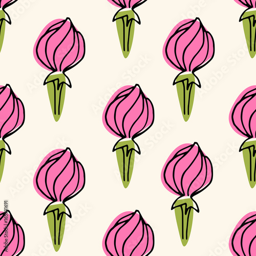 Hand drawn doodle flowers. Floral seamless pattern. Colorful infinity background with unopened rosebuds. Vector illustration.