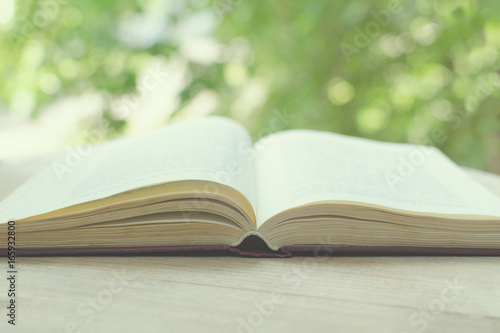 Blurred image of the open book in front of an open window with green trees. The concept of education and knowledge.