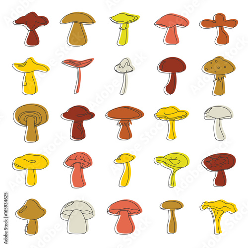 Doodle mushroom icons set. Mushrooms vector illustration for design and web isolated on white background. Doodle mushroom vector object for labels, logos and advertising