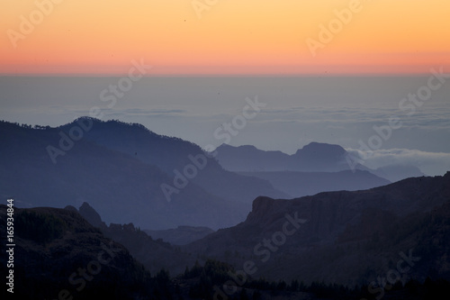 Beautiful sunset in the mountains. Canary Islands. The top of Terenif