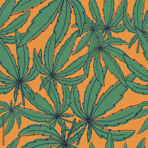 Seamless vector pattern with marijuana leaves on orange for wrapping, wallpaper, ceramic, craft, textile, fabric