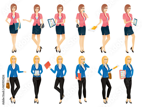 Cartoon sexy young business woman or secretary in various poses