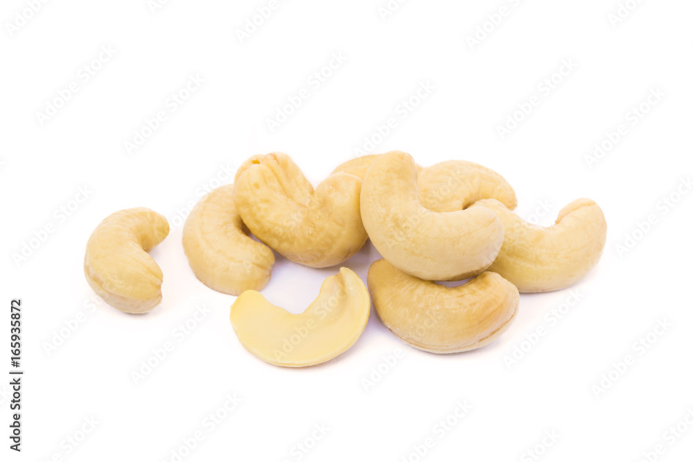 Roasted salted cashews isolated on a white background Roasted salted cashews isolated on a white background
