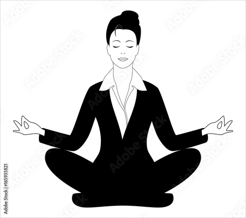 Business woman sitting in the padmasana lotus pose. Office worker meditating, relaxing or doing yoga after stress and work day. Concept template vector illustration isolated on white background.