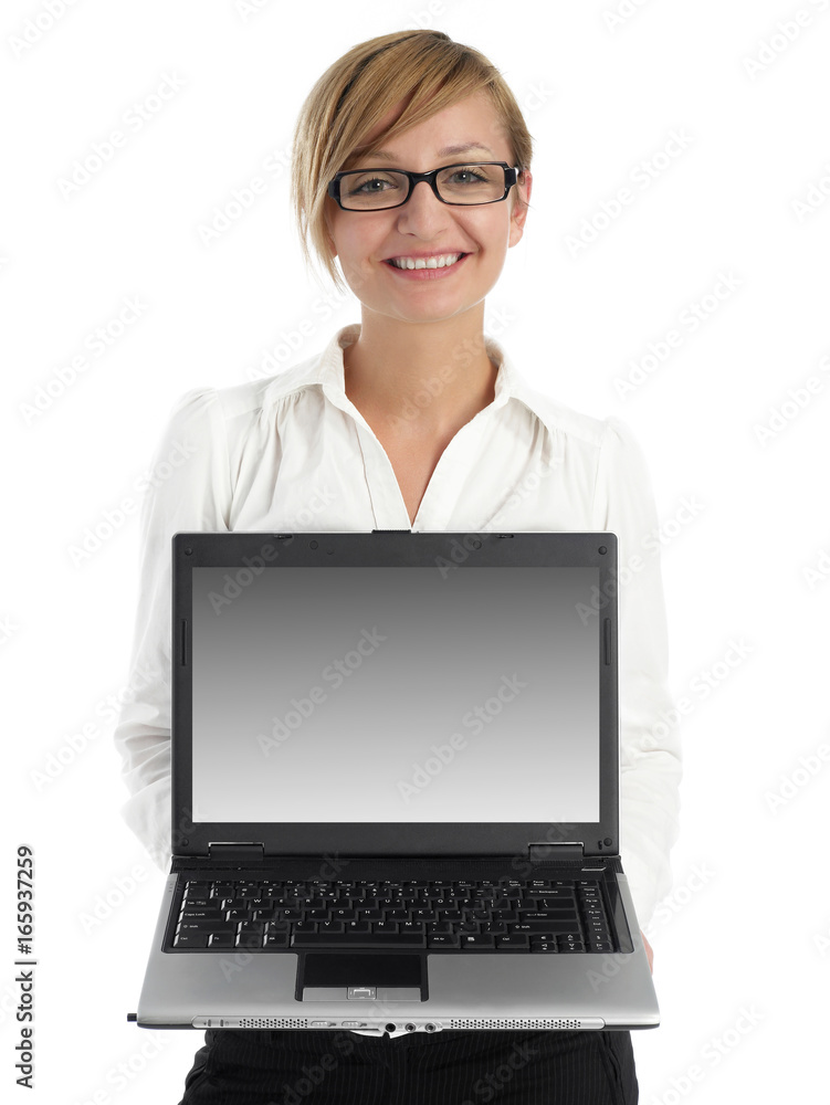 Businesswoman showing laptop screen Businesswoman showing laptop screen
