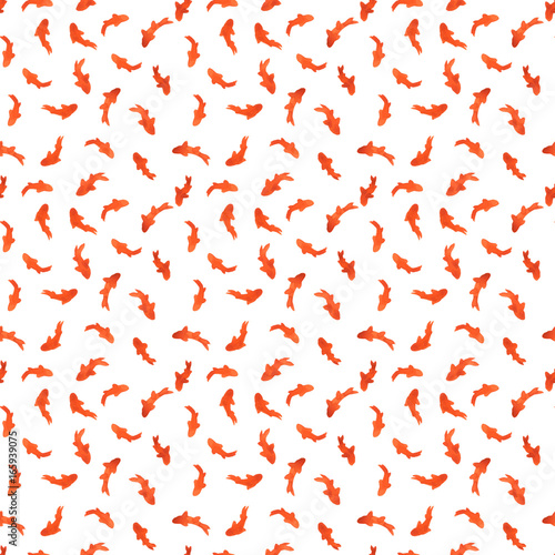 Sea watercolor seamless pattern with the image of red fishes. Red watercolor seamless pattern with small red fishes isolated on white background. Ocean, water, sea.