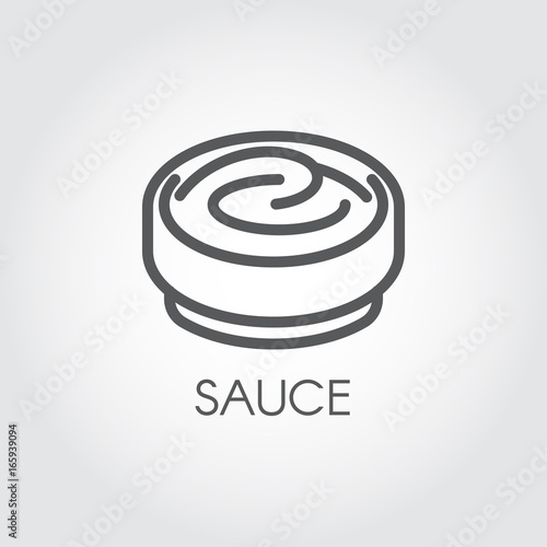 Contour icon of plate with sauce. Culinary logo in thin line style for various recipes, cookbooks, culinary sites and other projects. Vector illustration