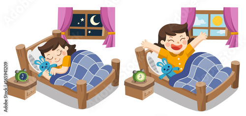 A Little girl sleeping on tonight, good night sweet dreams. and she wake up in the morning. Isolated vector