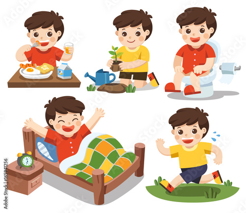 The daily routine of a cute boy on a white background. [wake up, eat , sitting on the toilet, running, plant a tree]. Isolated vector