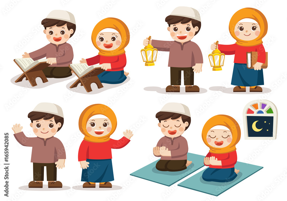 Muslim Boy and Girl reading Quran The Holy Book of Islam, Carrying Ramadan Lanterns, Praying in the room. Isolated vector. Muslim Boy and Girl reading Quran The Holy Book of Islam, Carrying Ramadan Lanterns, Praying in the room. Isolated vector.