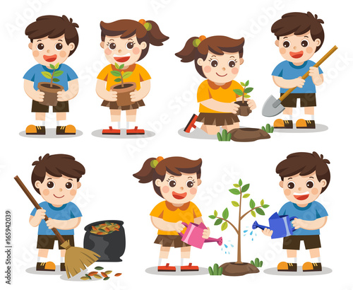 Set of cute kids volunteers. Save Earth. they planted and watering young trees. A cute boy gathering garbage. Isolated vector.