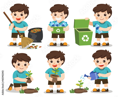 Set of A cute boy. Save Earth. Waste recycling. Girls planted and watering young trees. He is gathering garbage and plastic waste for recycling. Isolated vector.