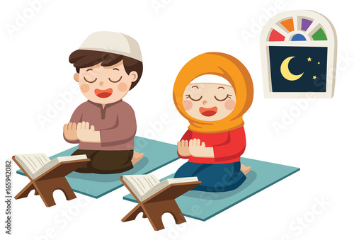 Muslim kids reading Quran ( the holy book of Islam ) and Praying in the room. Isolated vector.