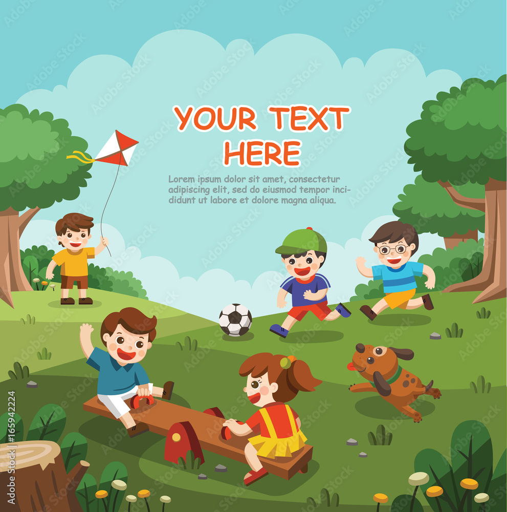 Illustration of Happy excited kids having fun together on playground. Children play outside. Illustration of Happy excited kids having fun together on playground. Children play outside.