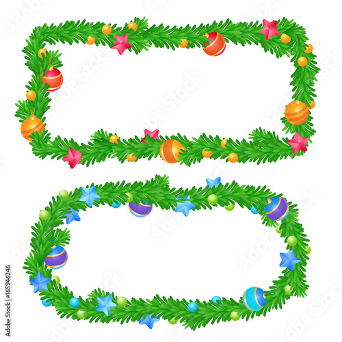 Two shapes of banners with fir frames / There are rectangle and ellipse banners, made from fir branches and decorated with stars, balls and lights
