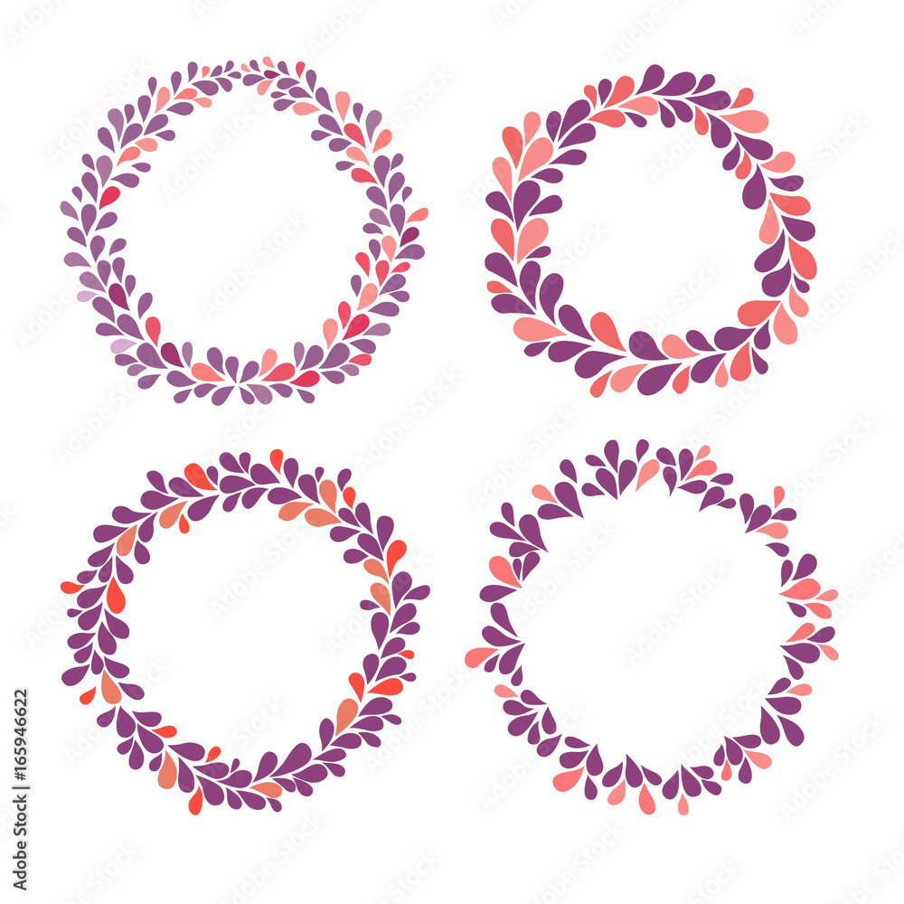 Circle frame vector collection, purple, pink and red colors. Hand drawn ornamental round frames. Isolated wreath set on white background