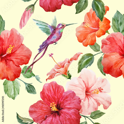 Watercolor tropical hibiscus vector pattern