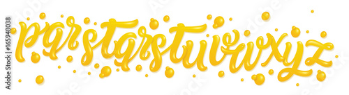 Fruit alphabet made of fresh natural orange juices isolated on white background. 3d glossy font with liquid letters for logo. Tropical juice font. Vector illustration made of orange juices.