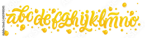 Fruit alphabet made of fresh natural orange juices isolated on white background. 3d glossy font with liquid letters for logo. Tropical juice font. Vector illustration made of orange juices.