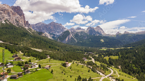 Aerial view from the end of the village of San Cassiano towards Passo Falzarego