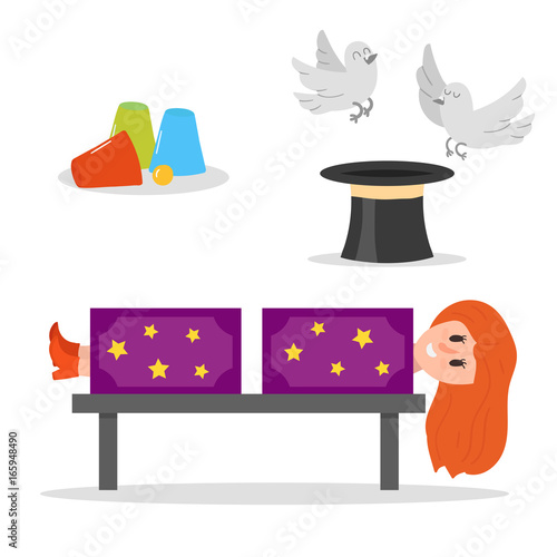Magician prestidigitator illusionist character tricks juggler vector illustration magic conjurer show cartoon woman