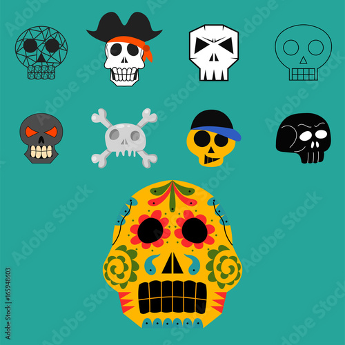 Different style skulls faces vector illustration halloween horror style tatto...
