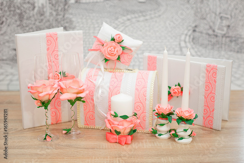 A set of wedding accessories, decorated in Colored tapes and jewelry. photo