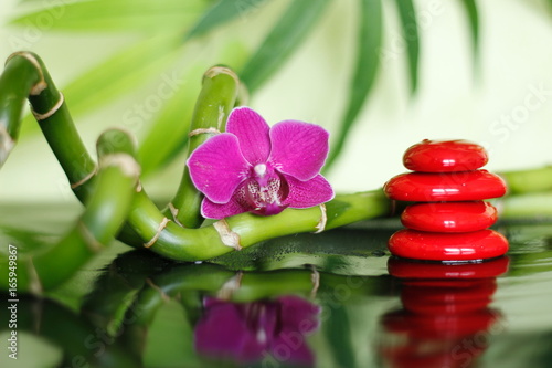 galets rouge disposés en mode de vie zen avec une orchidée et des branche de bambou sur sol brillant