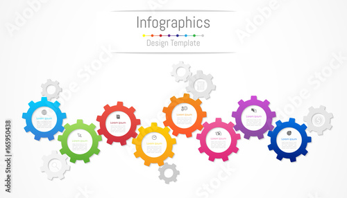 Infographic design elements for your business data with 8 options, parts, steps, timelines or processes. Gear wheel concept, Vector Illustration.