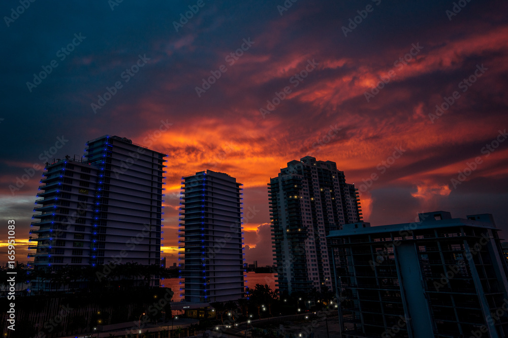 Miami Buildings against Sunset Skyline