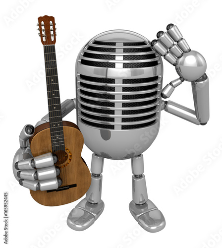 3D Classic Microphone is holding acoustic guitar. 3D Classic Microphone Robot Character Series.