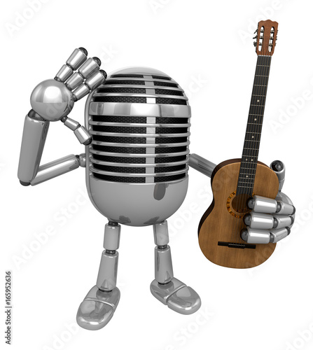 3D Classic Microphone is holding acoustic guitar. 3D Classic Microphone Robot Character Series.
