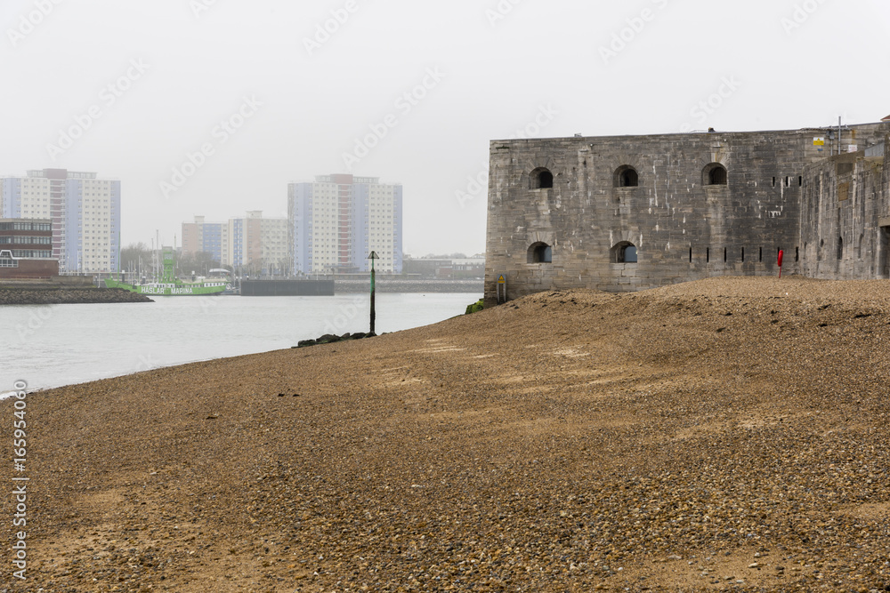View along the Solent of the historic defensive walls, known as the