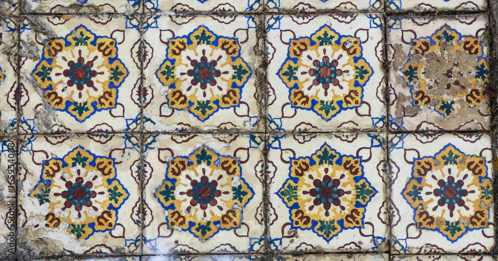 Colorful antique portuguese tiles (azulejos) in Cacilhas, Almada