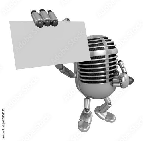 3D Classic Microphone Mascot the right hand guides and the left hand is holding a business cards. 3D Classic Microphone Robot Character Series.