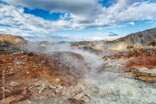 Thermal springs and mountains in Landmannalaugar valley in Iceland