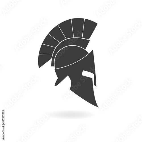 Spartan helmet icon. Ancient Roman or Greek helmet with feathered crest. Metal helmet for head protection soldiers of the legions. Vector illustration.