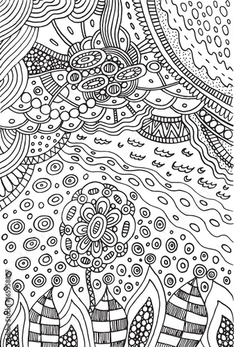 Coloring page with doodle flower and landscape
