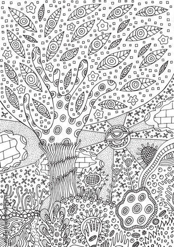 Coloring page with surreal landscape